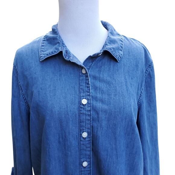 Draper James Blue Cotton Denim Chambray Button Down Top Roll Tab Sleeves Sz 12 - Picture 2 of 10